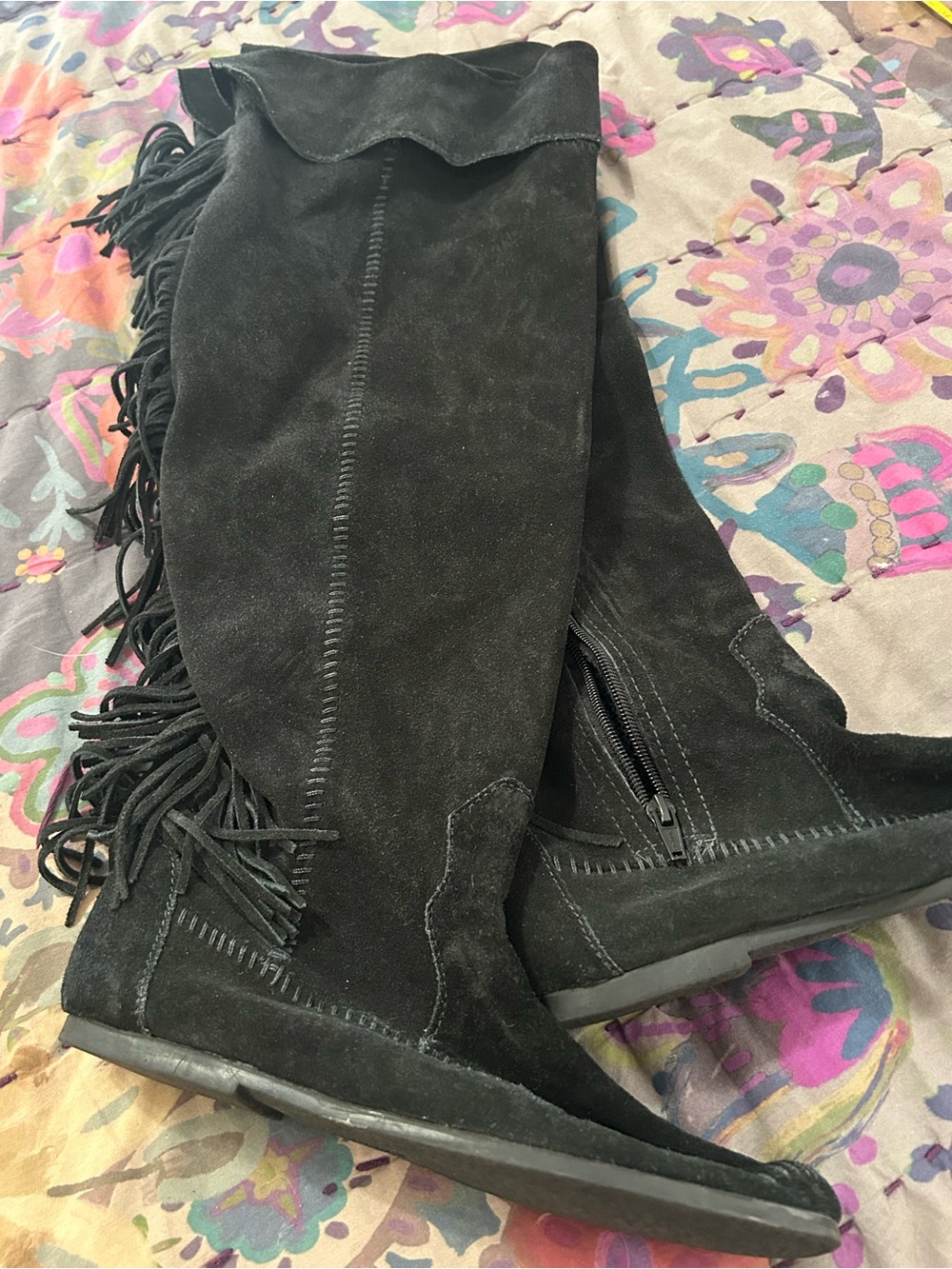 Minnetonka Black Suede Knee High Fringe Boots
